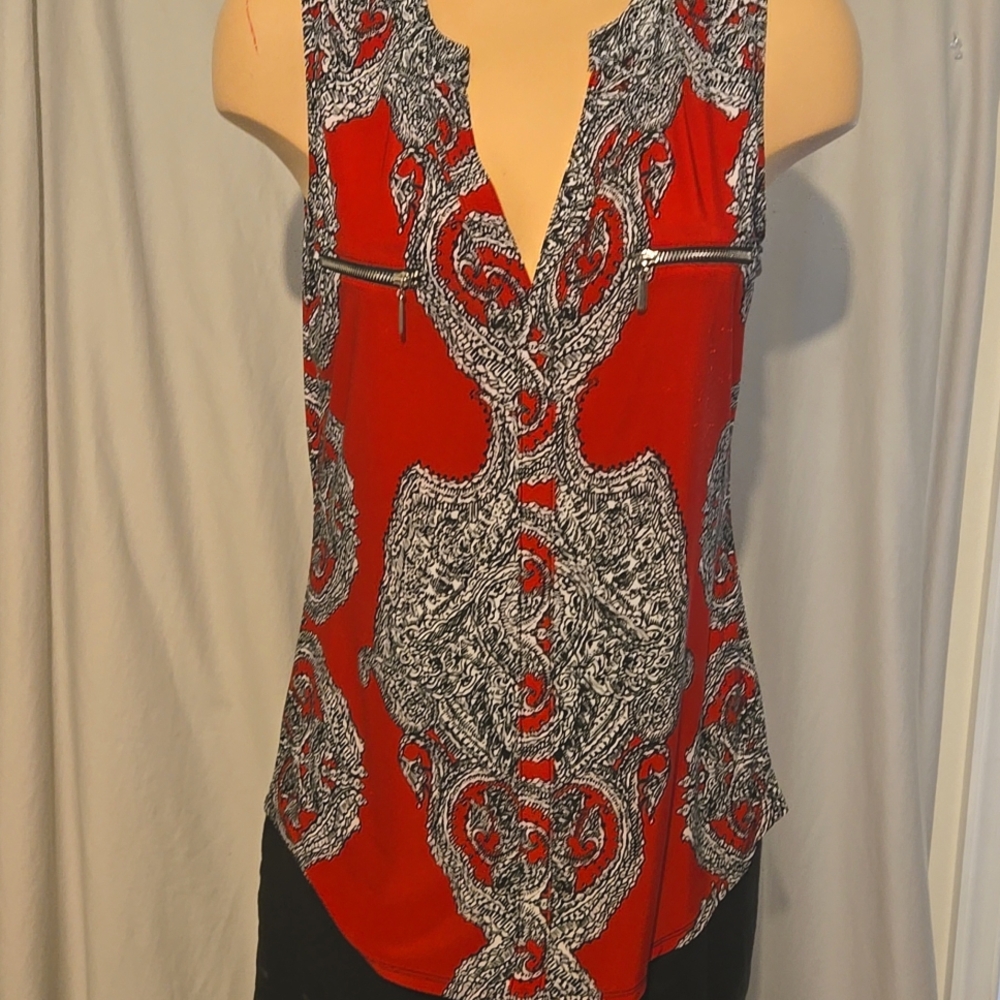 INC Red, Black and white sleeveless dressy tank top